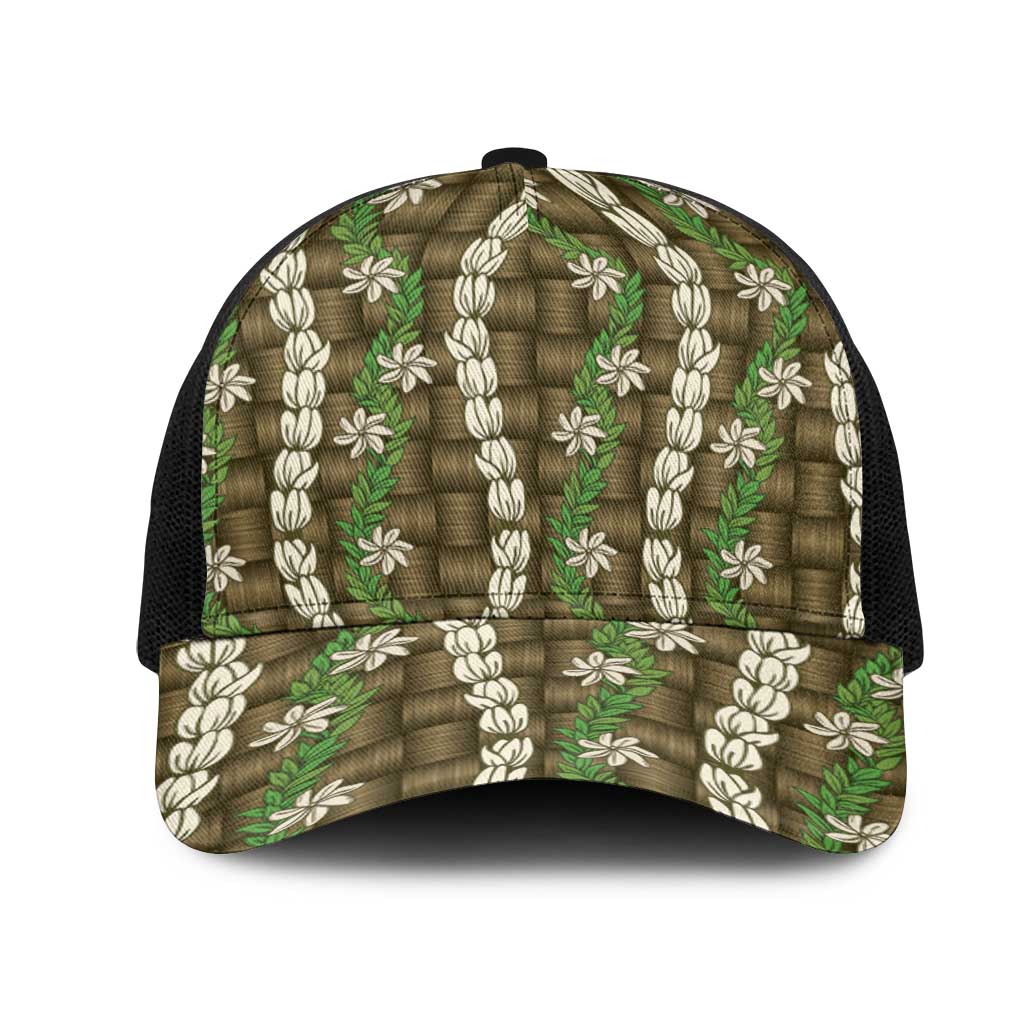Pikake Maile Tiare Lei Mesh Trucker Cap Natural Lauhala Pattern