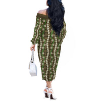 Pikake Maile Tiare Lei Off The Shoulder Long Sleeve Dress Natural Lauhala Pattern