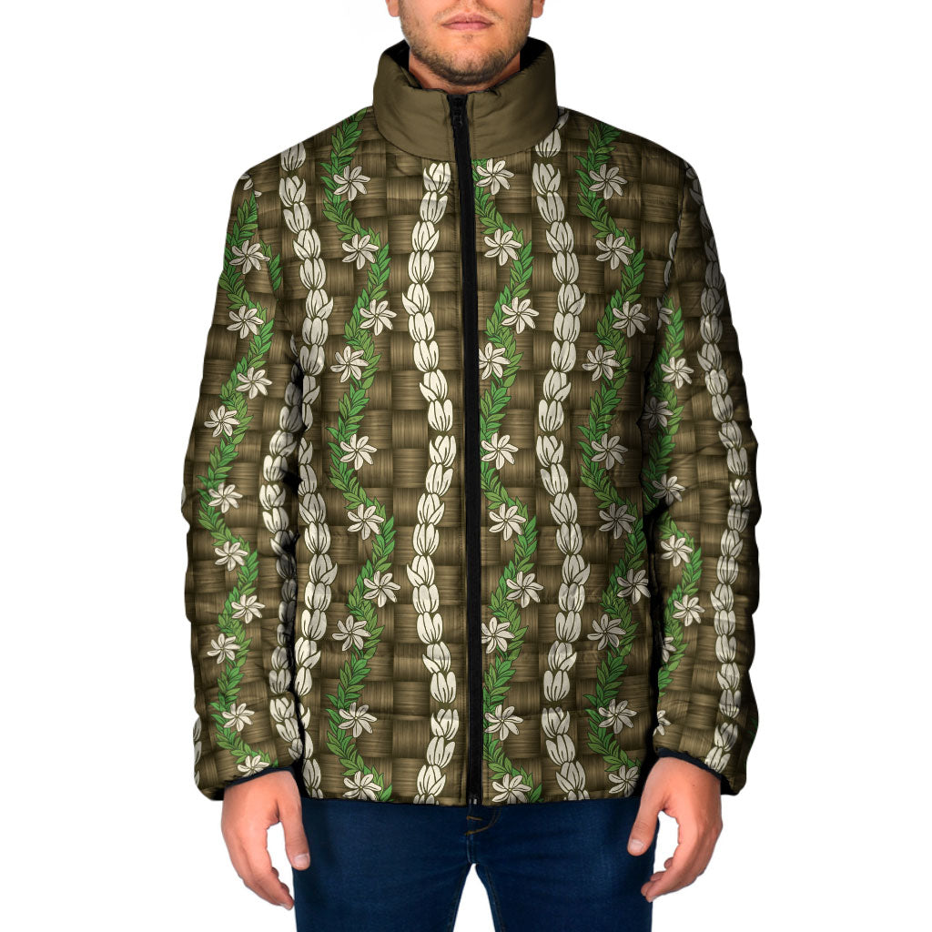 Pikake Maile Tiare Lei Padded Jacket Natural Lauhala Pattern LT01 Men Brown - Polynesian Pride