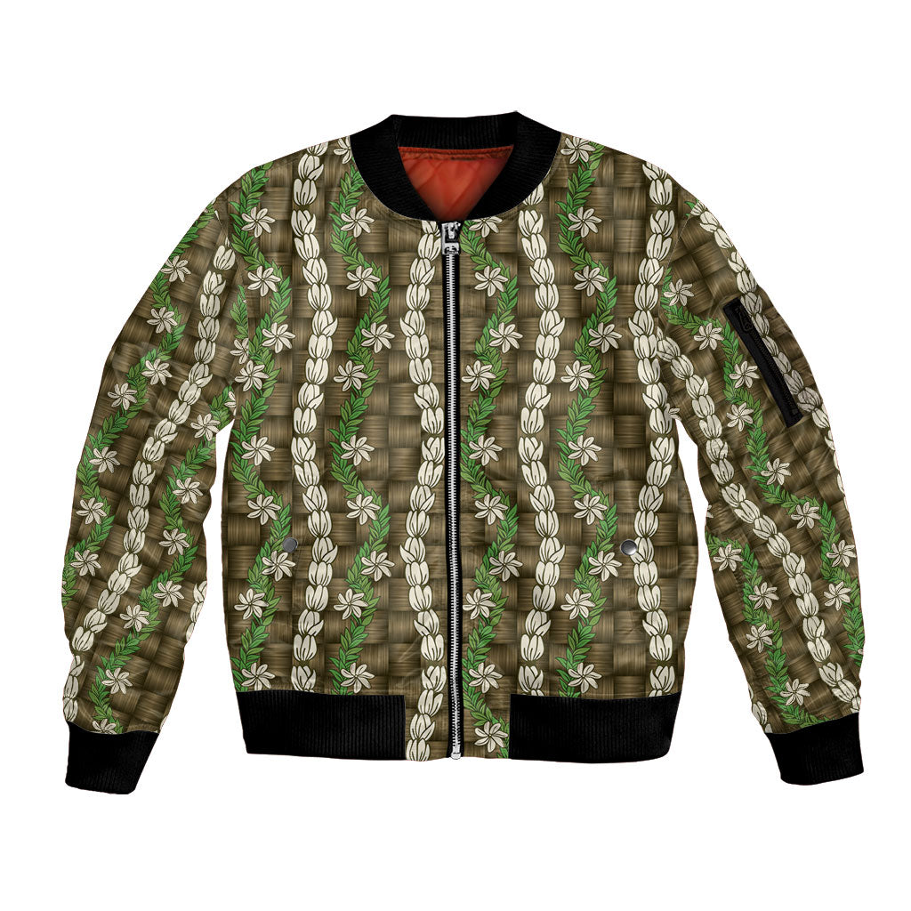 Pikake Maile Tiare Lei Sleeve Zip Bomber Jacket Natural Lauhala Pattern