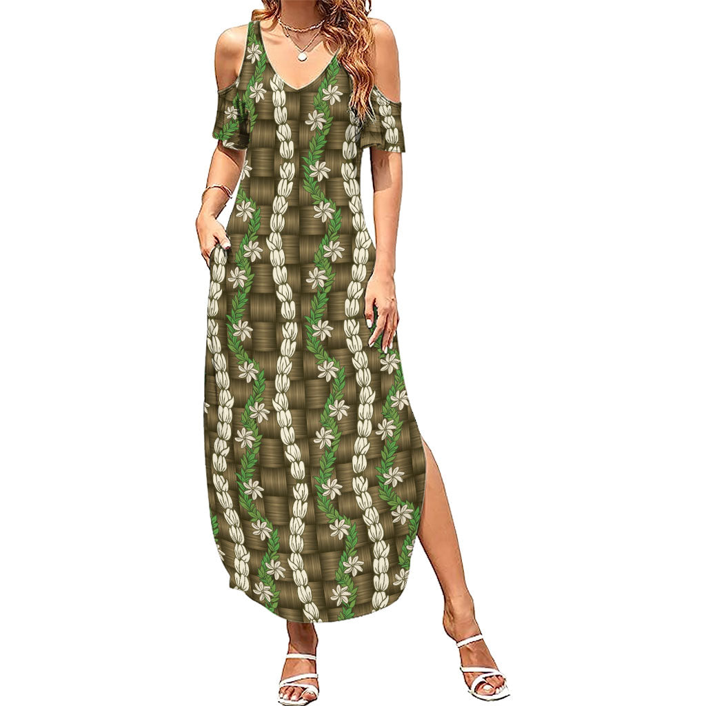 Pikake Maile Tiare Lei Summer Maxi Dress Natural Lauhala Pattern LT01 Women Brown - Polynesian Pride