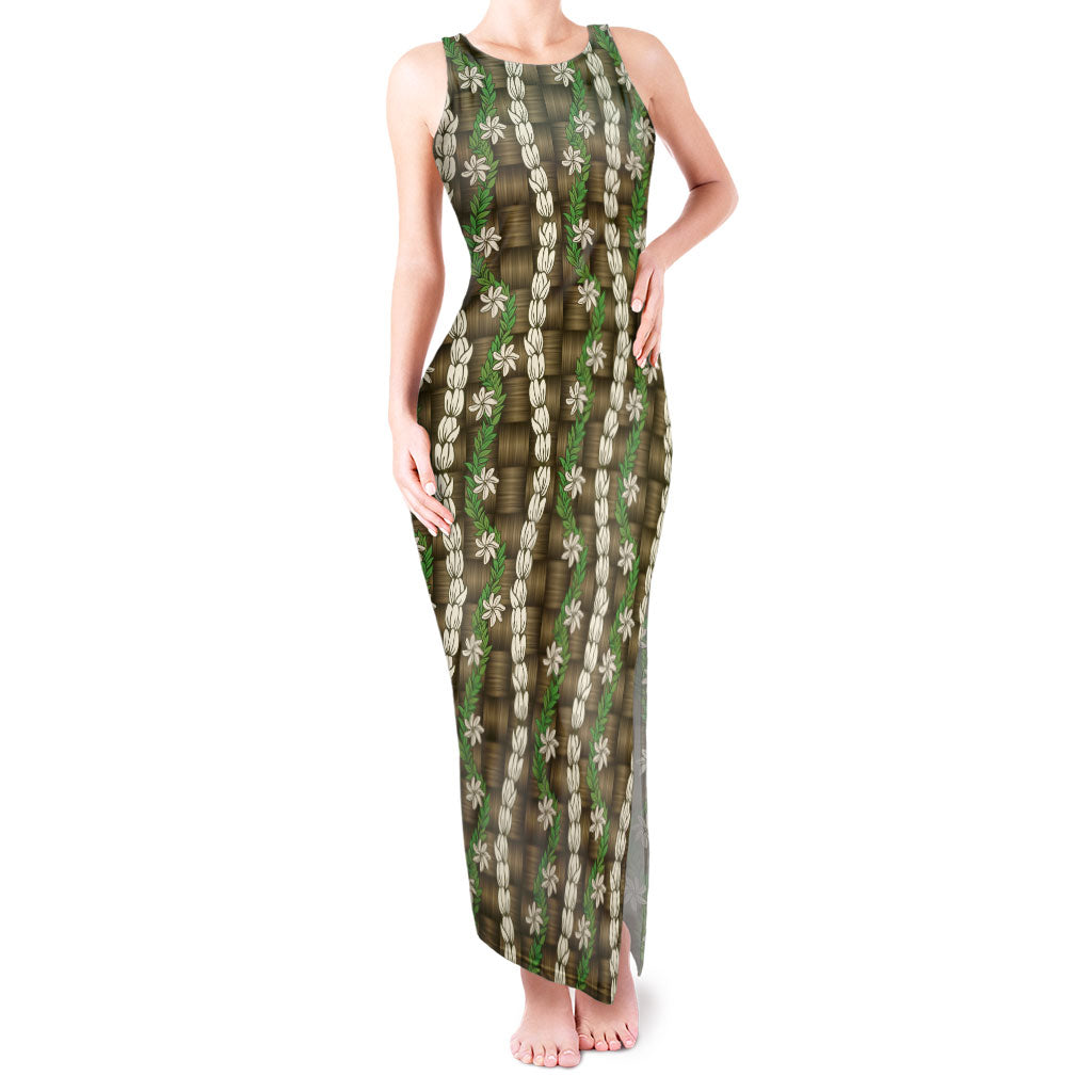 Pikake Maile Tiare Lei Tank Maxi Dress Natural Lauhala Pattern LT01 Women Brown - Polynesian Pride