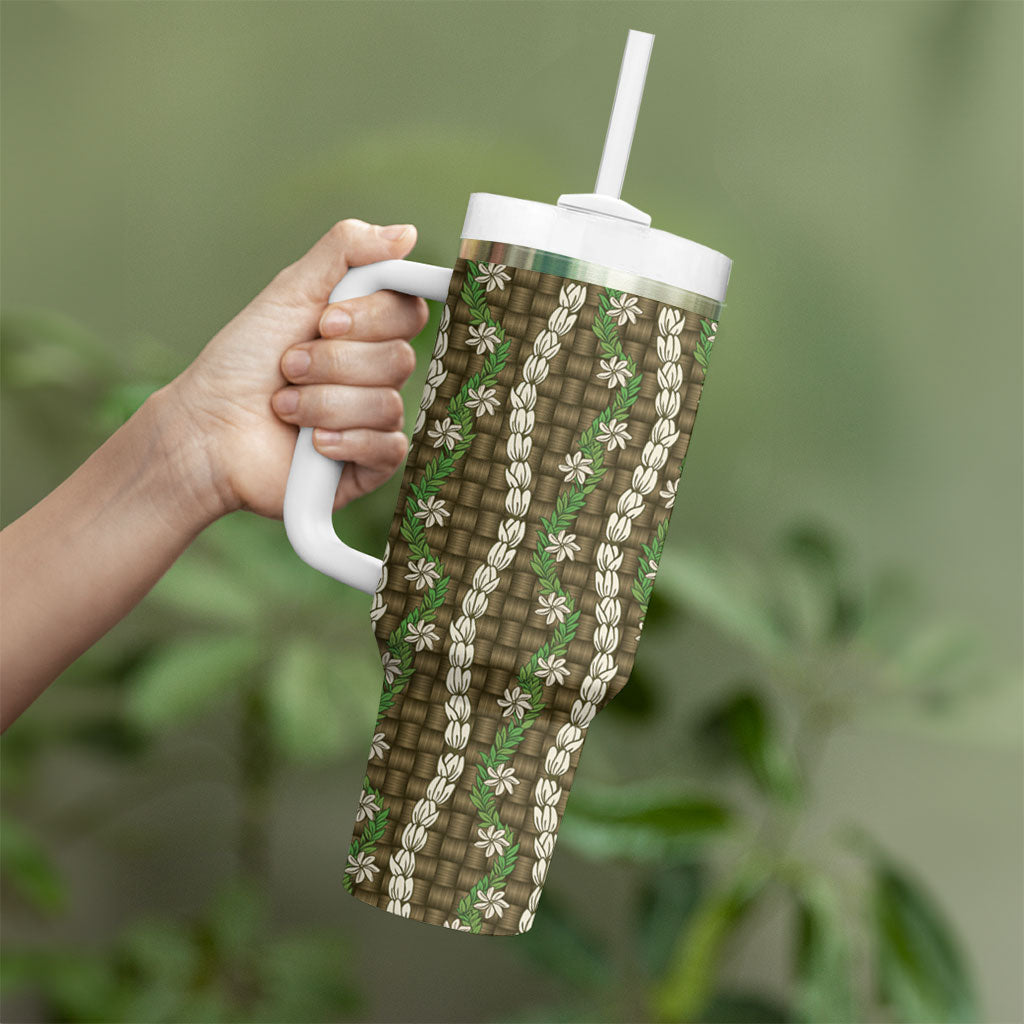 Pikake Maile Tiare Lei Tumbler With Handle Natural Lauhala Pattern