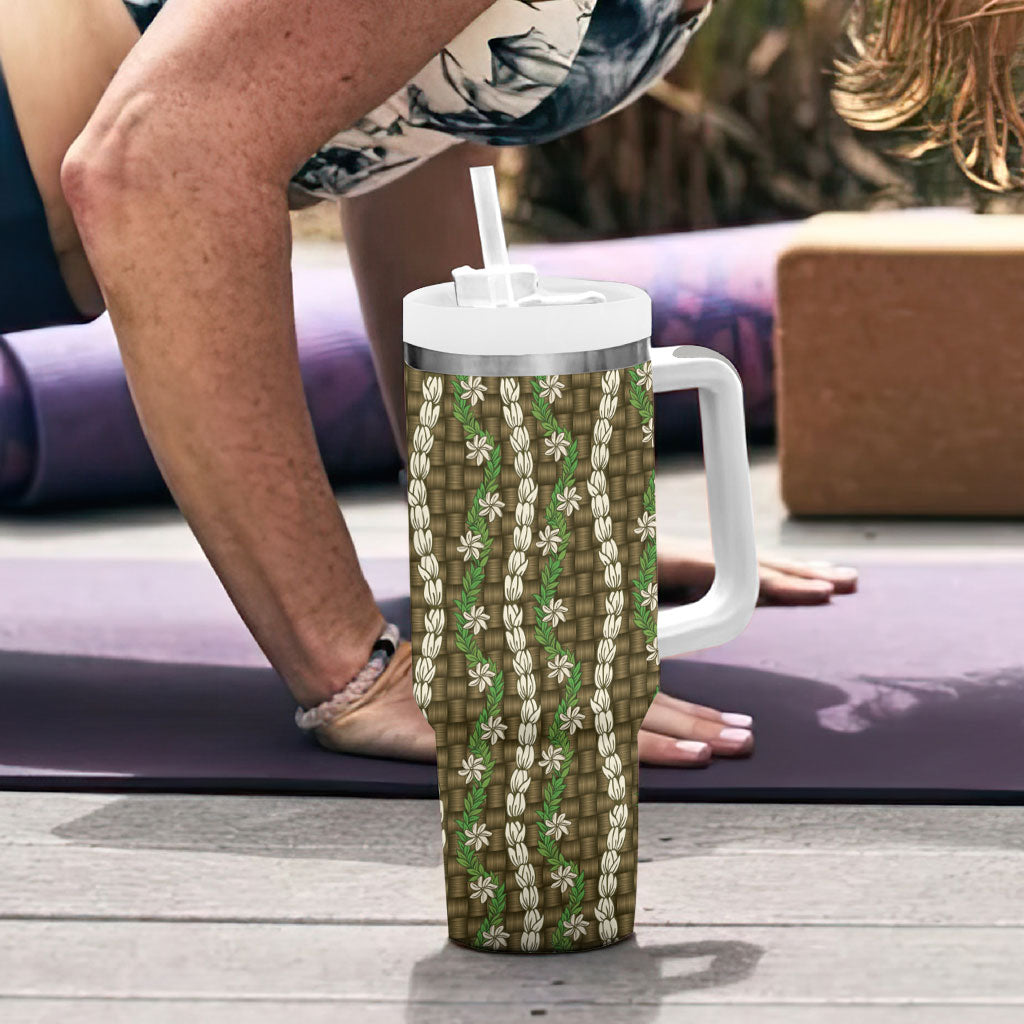 Pikake Maile Tiare Lei Tumbler With Handle Natural Lauhala Pattern