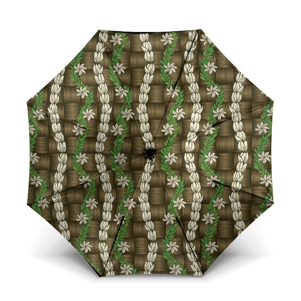 Pikake Maile Tiare Lei Umbrella Natural Lauhala Pattern LT01 One Size Folded 11.42 inch Opened Diameter 37.4 inch Brown - Polynesian Pride
