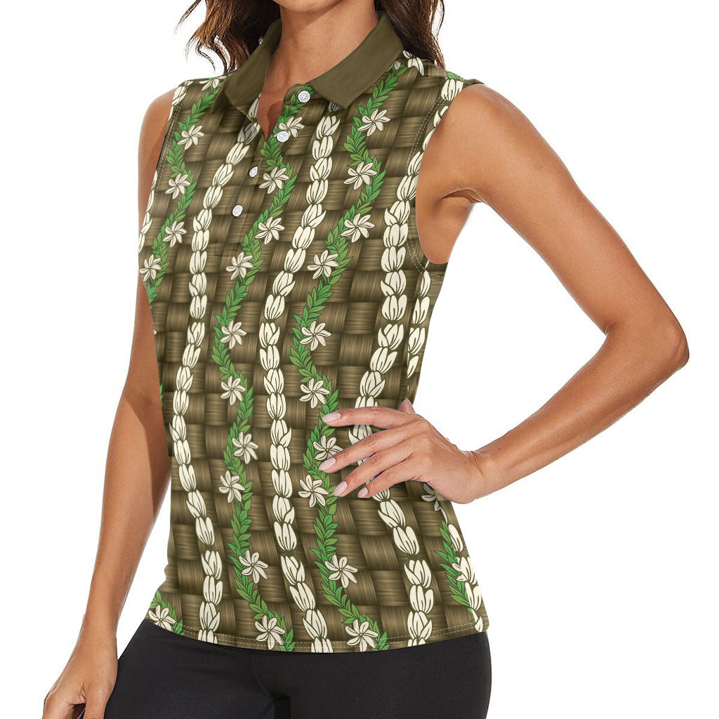 Pikake Maile Tiare Lei Women Sleeveless Polo Shirt Natural Lauhala Pattern LT01 - Polynesian Pride