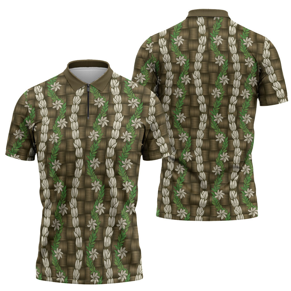 Pikake Maile Tiare Lei Zipper Polo Shirt Natural Lauhala Pattern LT01 - Polynesian Pride