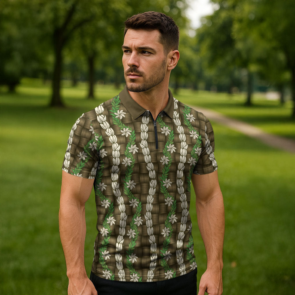 Pikake Maile Tiare Lei Zipper Polo Shirt Natural Lauhala Pattern LT01 - Polynesian Pride
