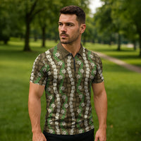 Pikake Maile Tiare Lei Zipper Polo Shirt Natural Lauhala Pattern LT01 - Polynesian Pride