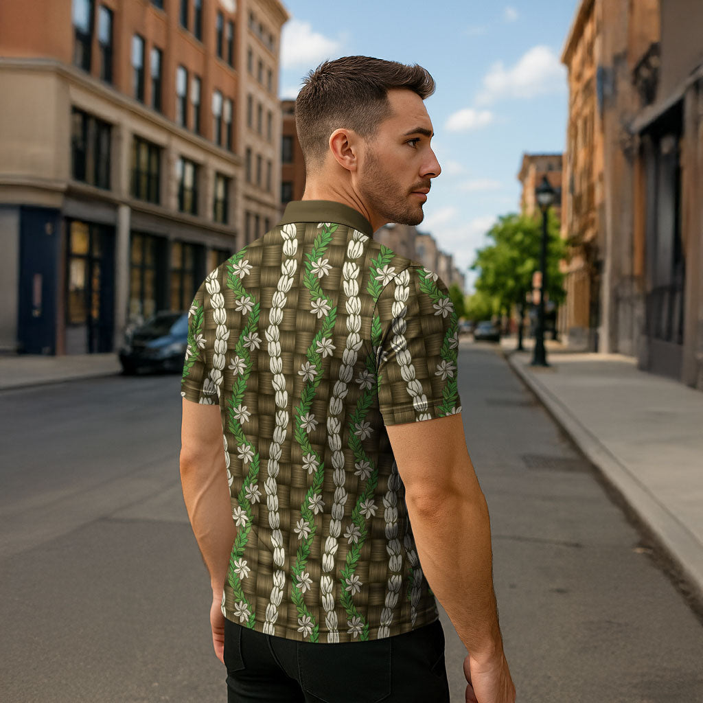 Pikake Maile Tiare Lei Zipper Polo Shirt Natural Lauhala Pattern LT01 - Polynesian Pride