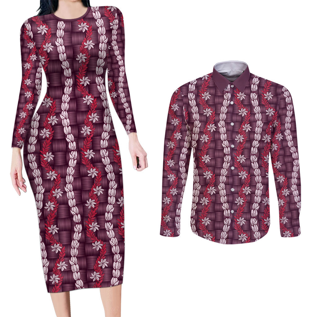 Pikake Maile Tiare Lei Couples Matching Long Sleeve Bodycon Dress and Long Sleeve Button Shirt Akala Lauhala Pattern