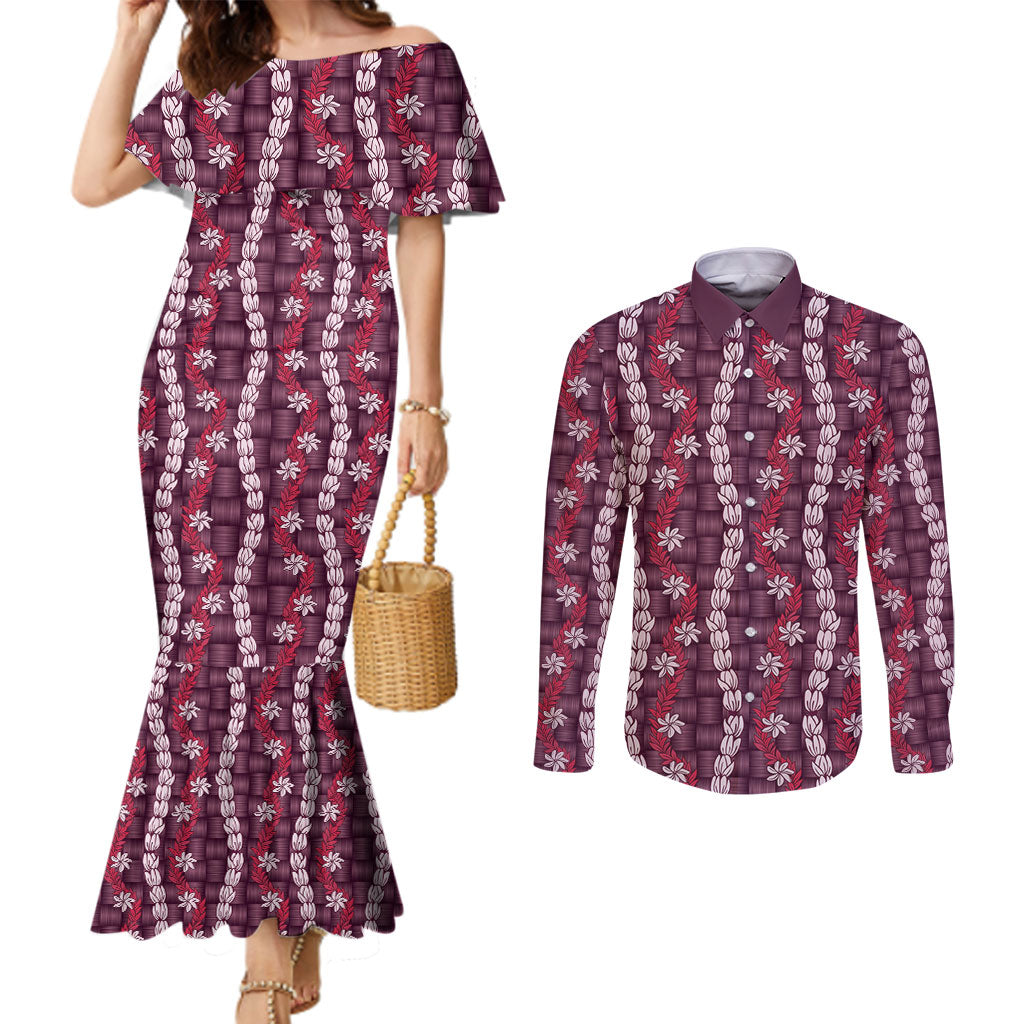 Pikake Maile Tiare Lei Couples Matching Mermaid Dress and Long Sleeve Button Shirt Akala Lauhala Pattern LT01 Pink - Polynesian Pride