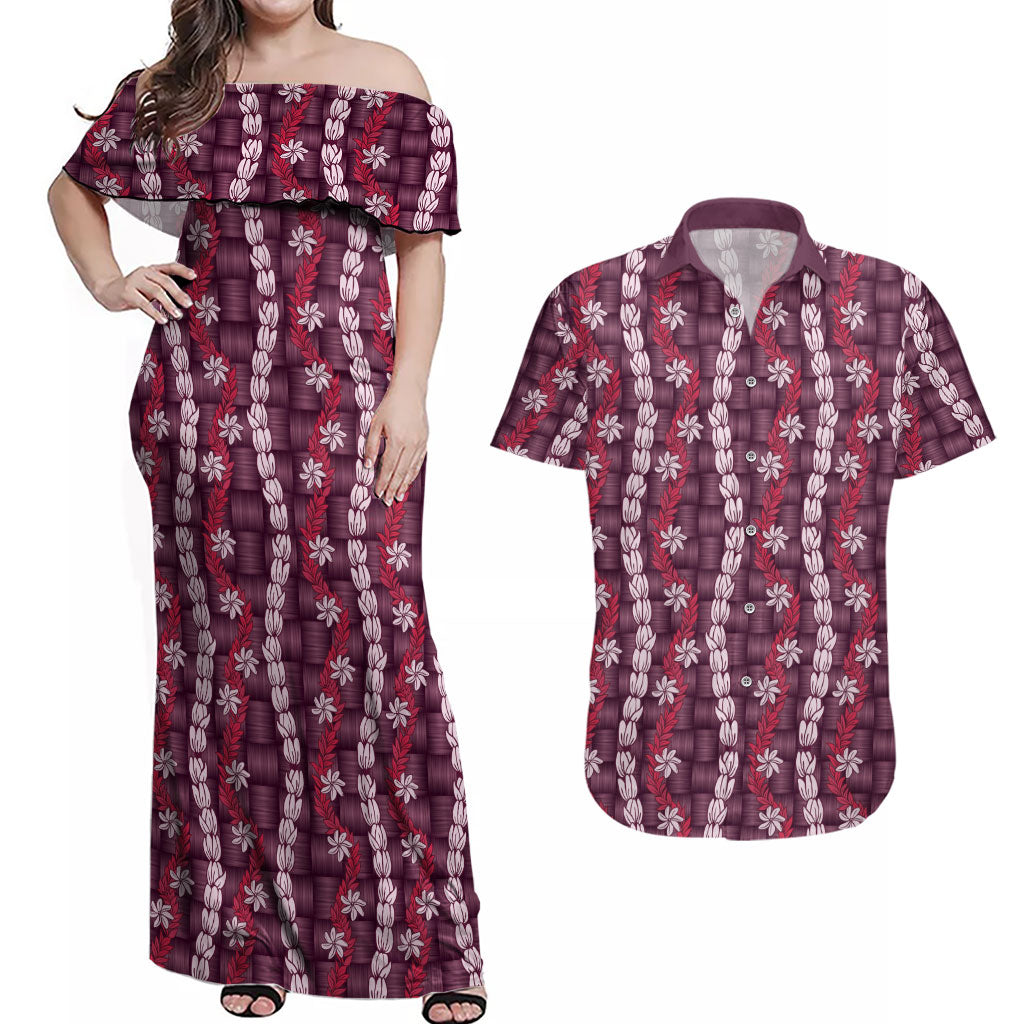 Pikake Maile Tiare Lei Couples Matching Off Shoulder Maxi Dress and Hawaiian Shirt Akala Lauhala Pattern