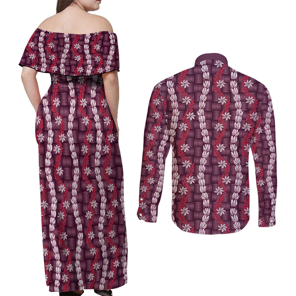 Pikake Maile Tiare Lei Couples Matching Off Shoulder Maxi Dress and Long Sleeve Button Shirt Akala Lauhala Pattern LT01 - Polynesian Pride