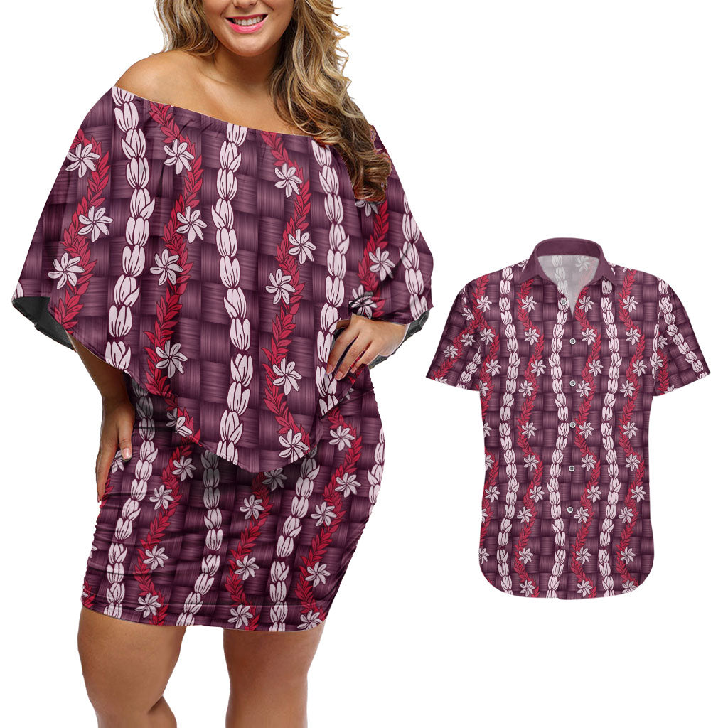 Pikake Maile Tiare Lei Couples Matching Off Shoulder Short Dress and Hawaiian Shirt Akala Lauhala Pattern