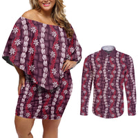 Pikake Maile Tiare Lei Couples Matching Off Shoulder Short Dress and Long Sleeve Button Shirt Akala Lauhala Pattern LT01 Pink - Polynesian Pride