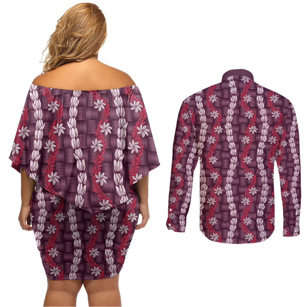 Pikake Maile Tiare Lei Couples Matching Off Shoulder Short Dress and Long Sleeve Button Shirt Akala Lauhala Pattern LT01 - Polynesian Pride