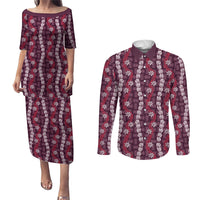 Pikake Maile Tiare Lei Couples Matching Puletasi and Long Sleeve Button Shirt Akala Lauhala Pattern LT01 Pink - Polynesian Pride