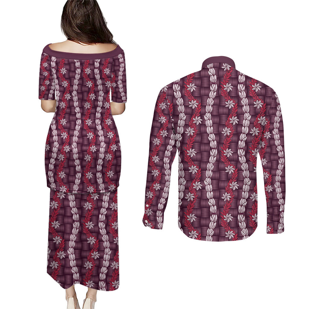 Pikake Maile Tiare Lei Couples Matching Puletasi and Long Sleeve Button Shirt Akala Lauhala Pattern LT01 - Polynesian Pride
