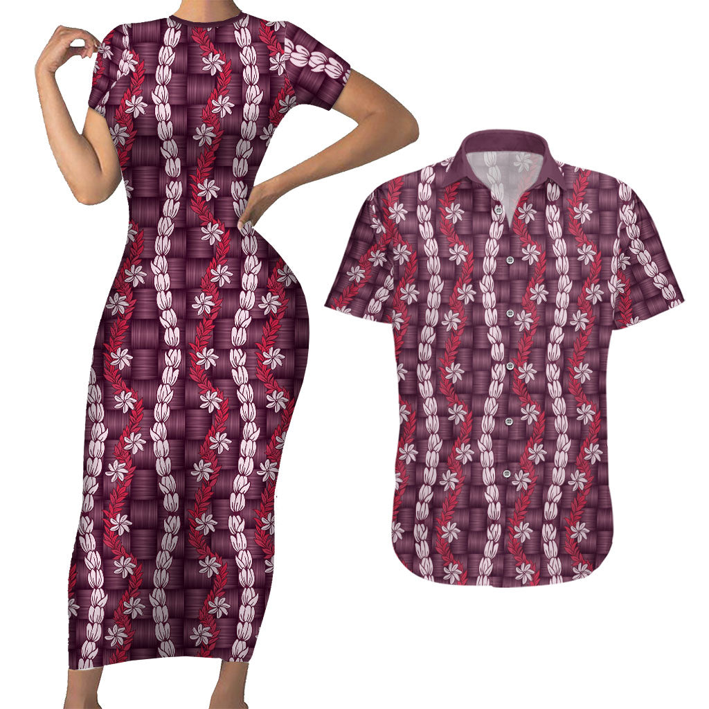 Pikake Maile Tiare Lei Couples Matching Short Sleeve Bodycon Dress and Hawaiian Shirt Akala Lauhala Pattern