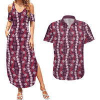 Pikake Maile Tiare Lei Couples Matching Summer Maxi Dress and Hawaiian Shirt Akala Lauhala Pattern