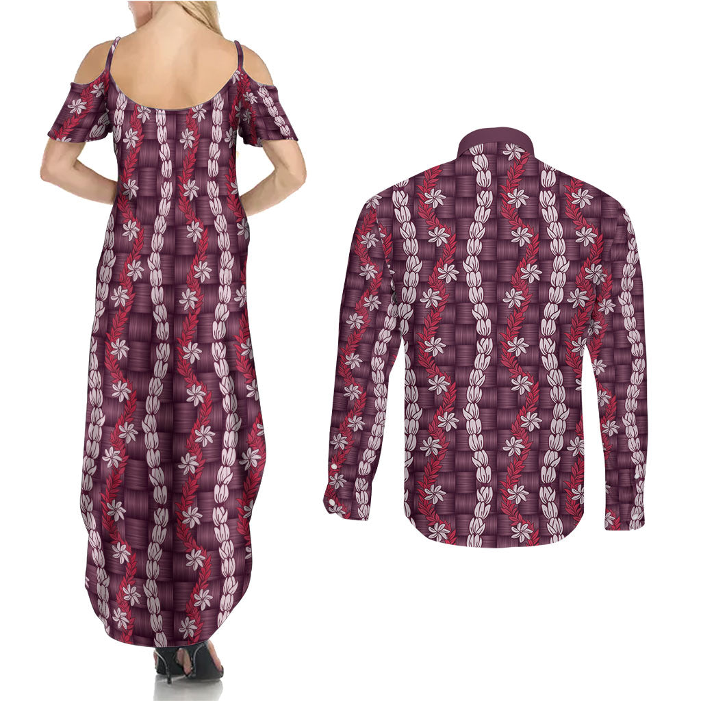Pikake Maile Tiare Lei Couples Matching Summer Maxi Dress and Long Sleeve Button Shirt Akala Lauhala Pattern LT01 - Polynesian Pride