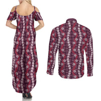Pikake Maile Tiare Lei Couples Matching Summer Maxi Dress and Long Sleeve Button Shirt Akala Lauhala Pattern LT01 - Polynesian Pride