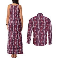 Pikake Maile Tiare Lei Couples Matching Tank Maxi Dress and Long Sleeve Button Shirt Akala Lauhala Pattern LT01 - Polynesian Pride