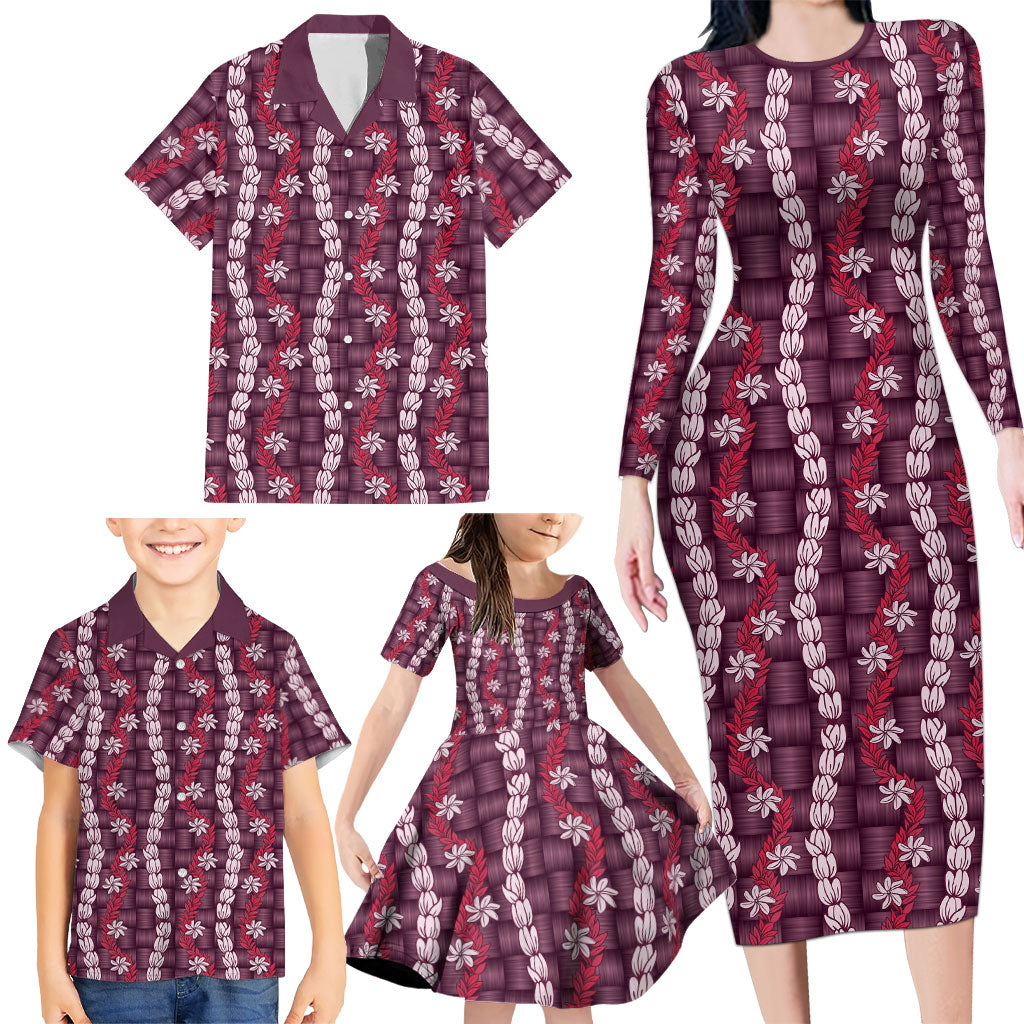 Pikake Maile Tiare Lei Family Matching Long Sleeve Bodycon Dress and Hawaiian Shirt Akala Lauhala Pattern LT01 - Polynesian Pride