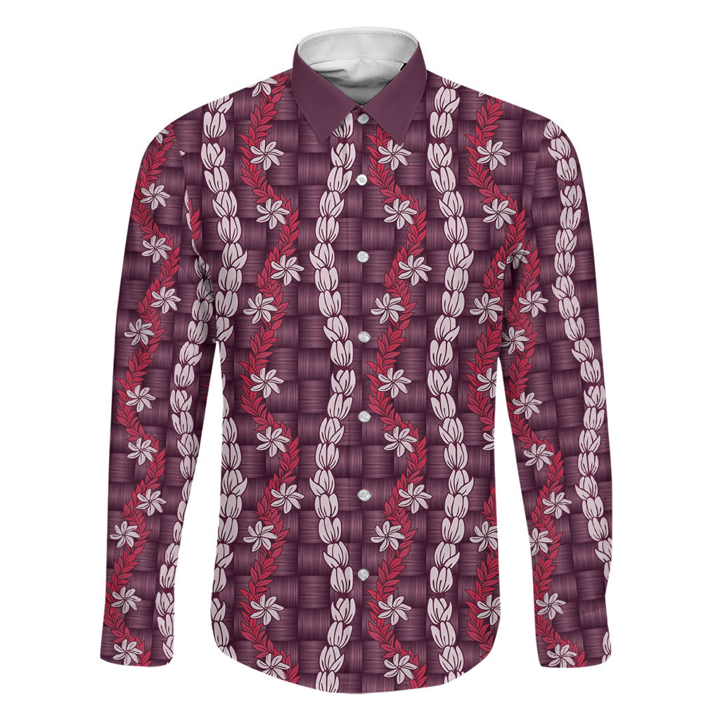 Pikake Maile Tiare Lei Family Matching Mermaid Dress and Hawaiian Shirt Akala Lauhala Pattern LT01 Dad's Shirt - Long Sleeve Pink - Polynesian Pride