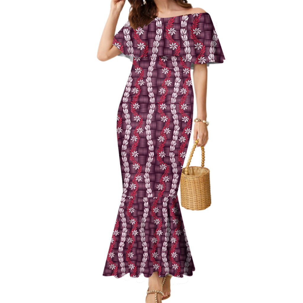 Pikake Maile Tiare Lei Family Matching Mermaid Dress and Hawaiian Shirt Akala Lauhala Pattern LT01 Mom's Dress Pink - Polynesian Pride