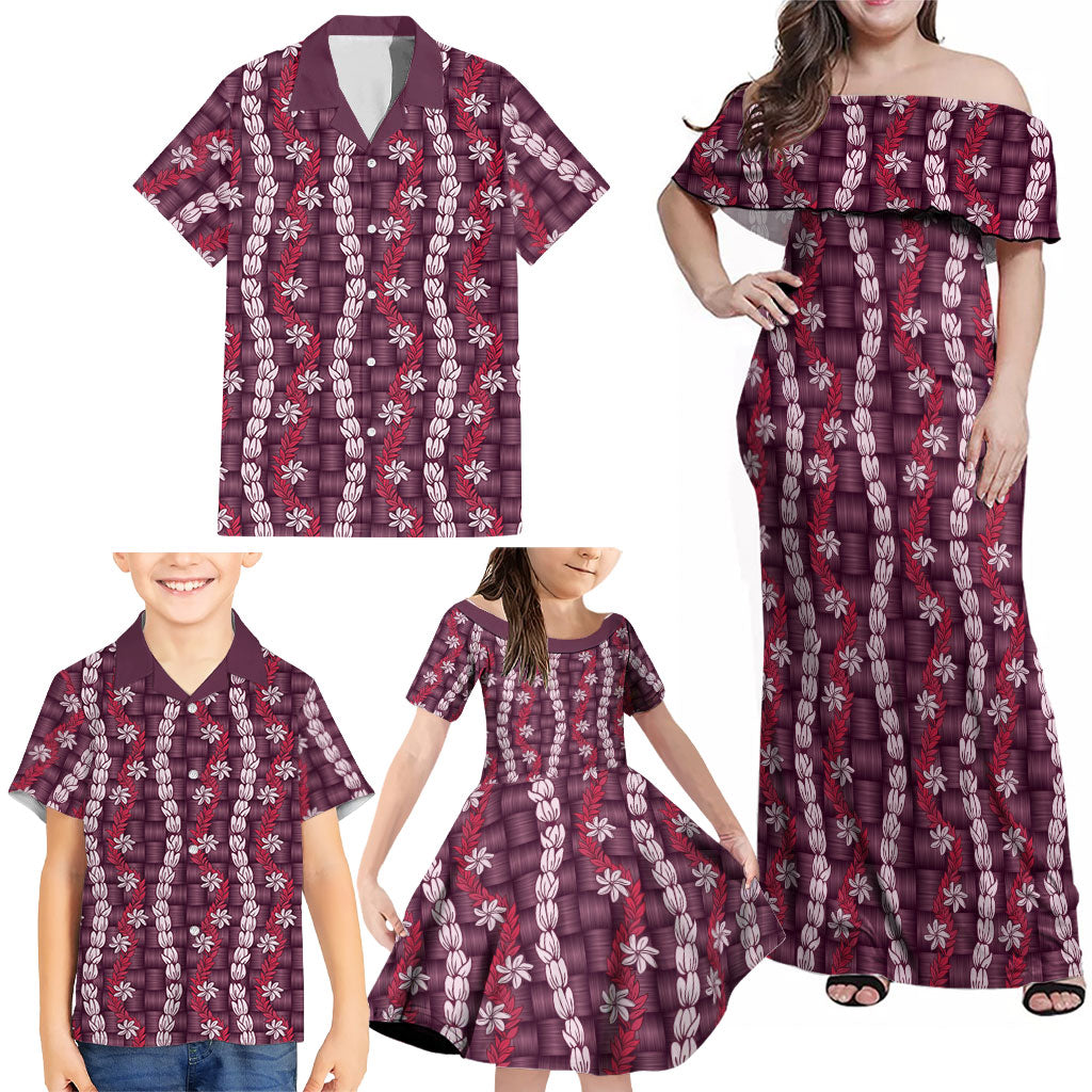 Pikake Maile Tiare Lei Family Matching Off Shoulder Maxi Dress and Hawaiian Shirt Akala Lauhala Pattern LT01 - Polynesian Pride