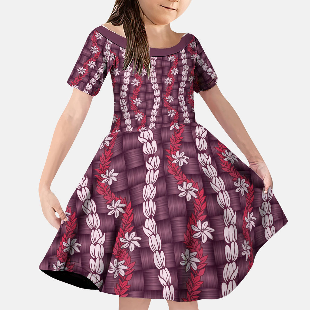 Pikake Maile Tiare Lei Family Matching Off Shoulder Short Dress and Hawaiian Shirt Akala Lauhala Pattern LT01 Daughter's Dress Pink - Polynesian Pride
