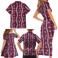 Pikake Maile Tiare Lei Family Matching Short Sleeve Bodycon Dress and Hawaiian Shirt Akala Lauhala Pattern LT01 - Polynesian Pride