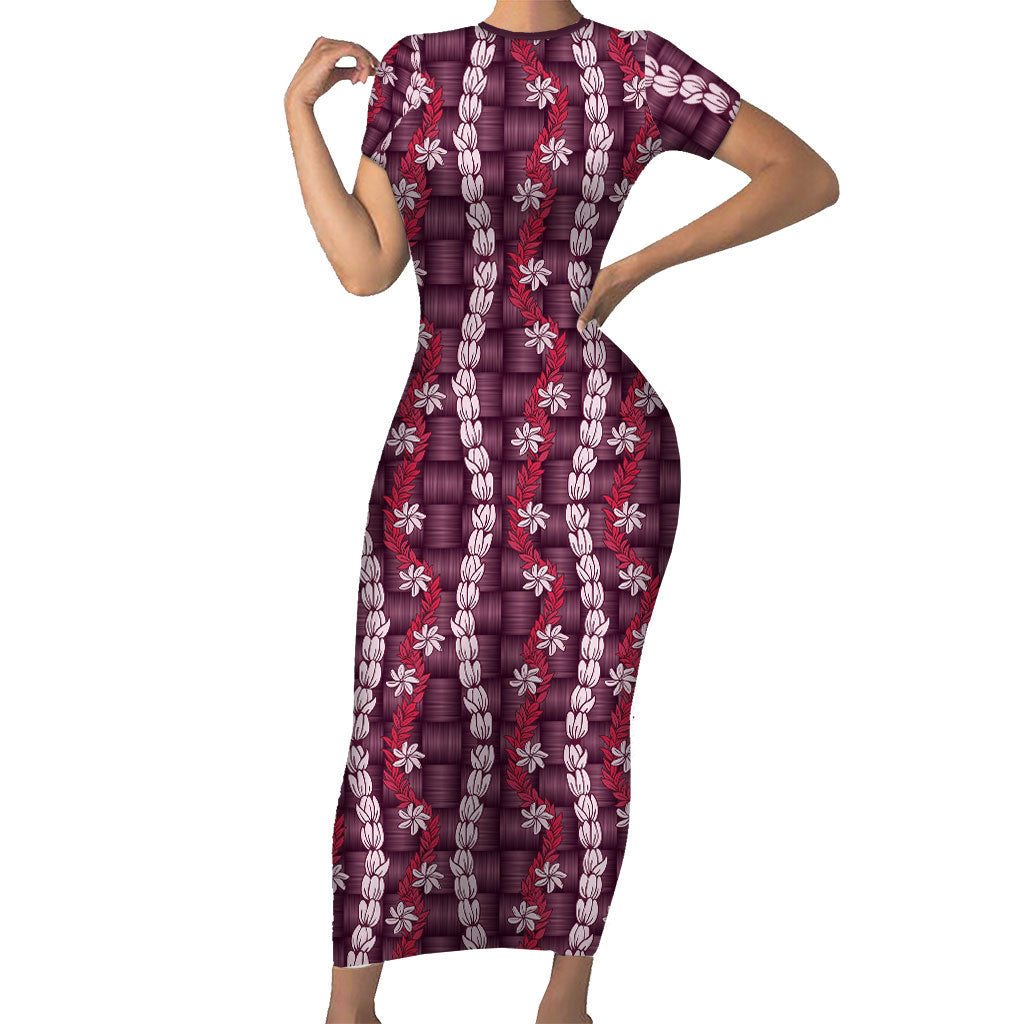 Pikake Maile Tiare Lei Family Matching Short Sleeve Bodycon Dress and Hawaiian Shirt Akala Lauhala Pattern LT01 Mom's Dress Pink - Polynesian Pride