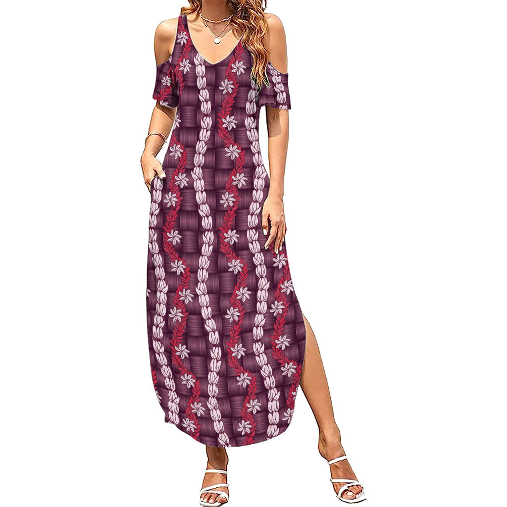 Pikake Maile Tiare Lei Family Matching Summer Maxi Dress and Hawaiian Shirt Akala Lauhala Pattern LT01 Mom's Dress Pink - Polynesian Pride