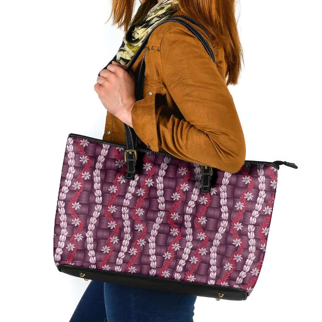 Pikake Maile Tiare Lei Leather Tote Bag Akala Lauhala Pattern
