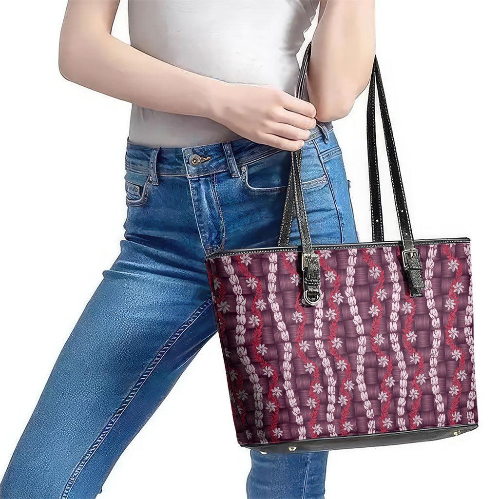 Pikake Maile Tiare Lei Leather Tote Bag Akala Lauhala Pattern