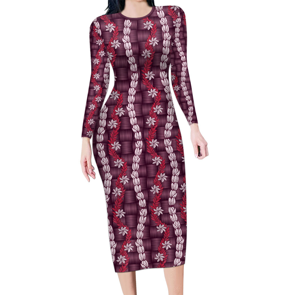 Pikake Maile Tiare Lei Long Sleeve Bodycon Dress Akala Lauhala Pattern LT01 Long Dress Pink - Polynesian Pride