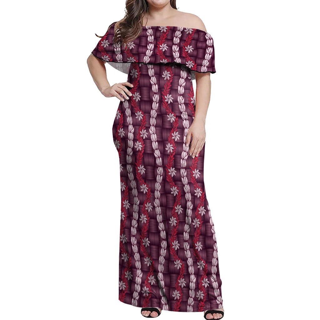 Pikake Maile Tiare Lei Off Shoulder Maxi Dress Akala Lauhala Pattern