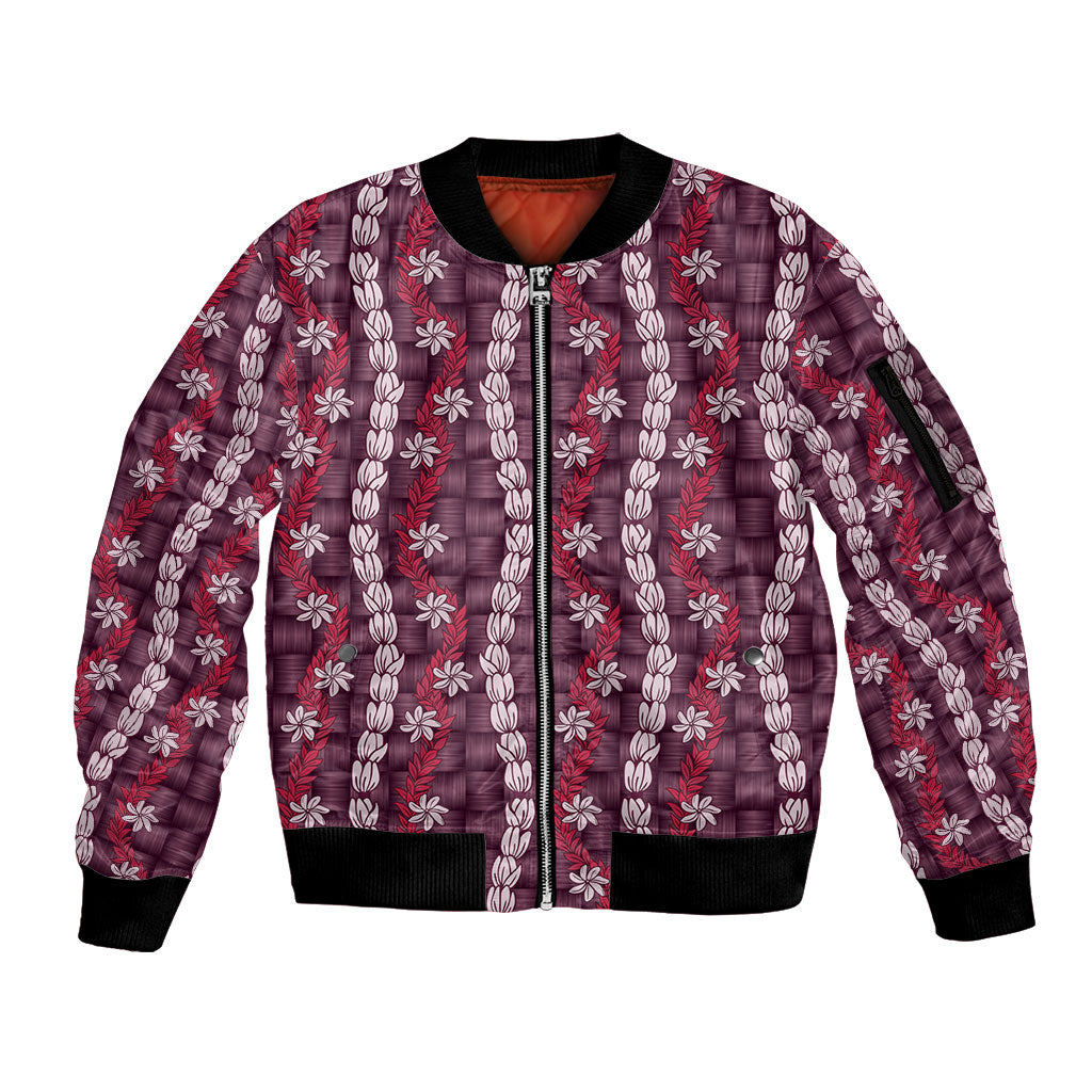 Pikake Maile Tiare Lei Sleeve Zip Bomber Jacket Akala Lauhala Pattern