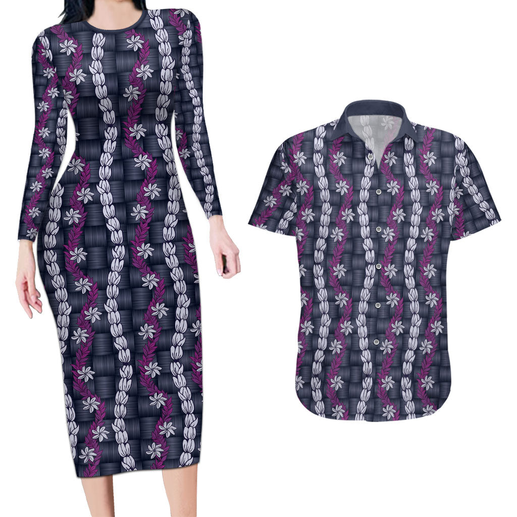 Pikake Maile Tiare Lei Couples Matching Long Sleeve Bodycon Dress and Hawaiian Shirt Poni Lauhala Pattern LT01 Purple - Polynesian Pride