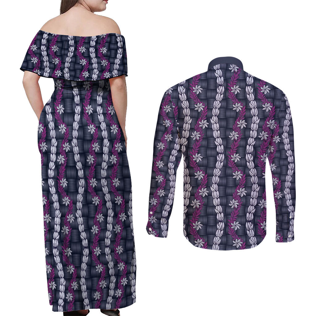 Pikake Maile Tiare Lei Couples Matching Off Shoulder Maxi Dress and Long Sleeve Button Shirt Poni Lauhala Pattern LT01 - Polynesian Pride