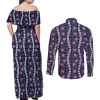 Pikake Maile Tiare Lei Couples Matching Off Shoulder Maxi Dress and Long Sleeve Button Shirt Poni Lauhala Pattern LT01 - Polynesian Pride