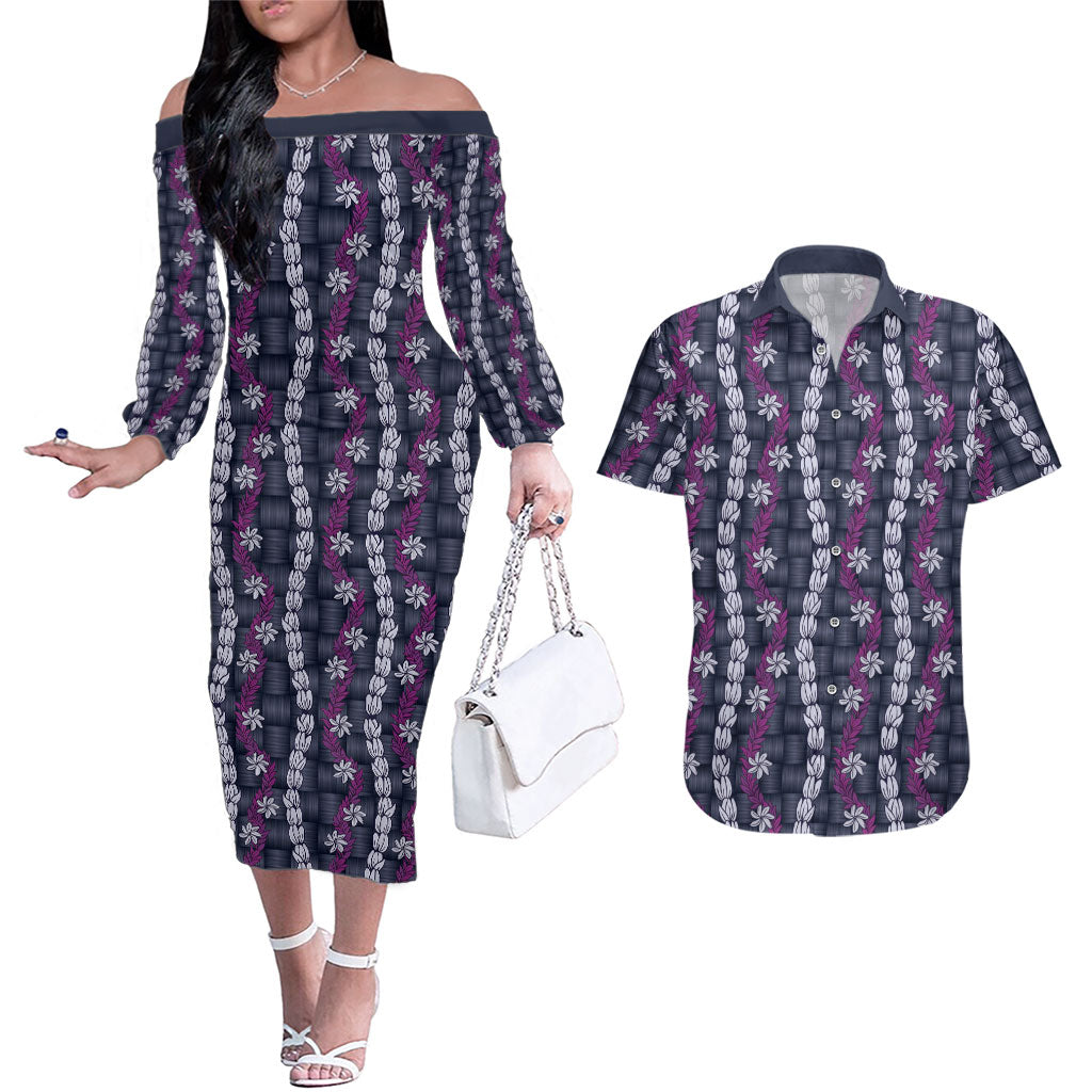 Pikake Maile Tiare Lei Couples Matching Off The Shoulder Long Sleeve Dress and Hawaiian Shirt Poni Lauhala Pattern LT01 Purple - Polynesian Pride
