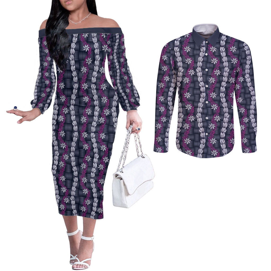 Pikake Maile Tiare Lei Couples Matching Off The Shoulder Long Sleeve Dress and Long Sleeve Button Shirt Poni Lauhala Pattern