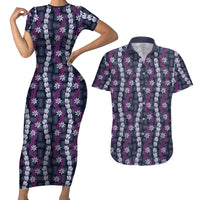 Pikake Maile Tiare Lei Couples Matching Short Sleeve Bodycon Dress and Hawaiian Shirt Poni Lauhala Pattern
