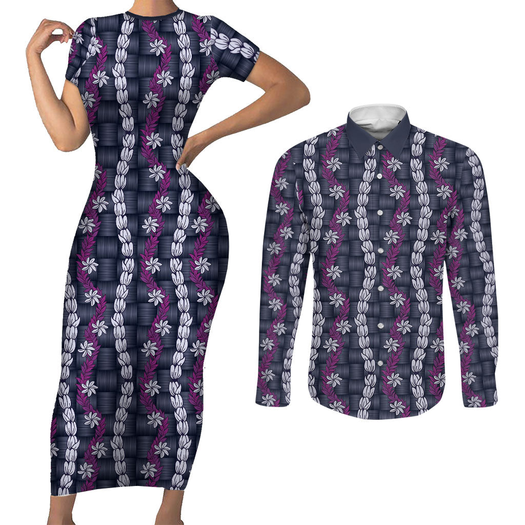 Pikake Maile Tiare Lei Couples Matching Short Sleeve Bodycon Dress and Long Sleeve Button Shirt Poni Lauhala Pattern LT01 Purple - Polynesian Pride