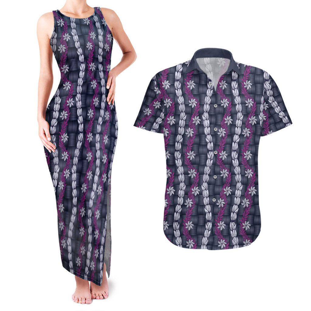 Pikake Maile Tiare Lei Couples Matching Tank Maxi Dress and Hawaiian Shirt Poni Lauhala Pattern LT01 Purple - Polynesian Pride