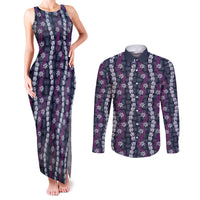 Pikake Maile Tiare Lei Couples Matching Tank Maxi Dress and Long Sleeve Button Shirt Poni Lauhala Pattern